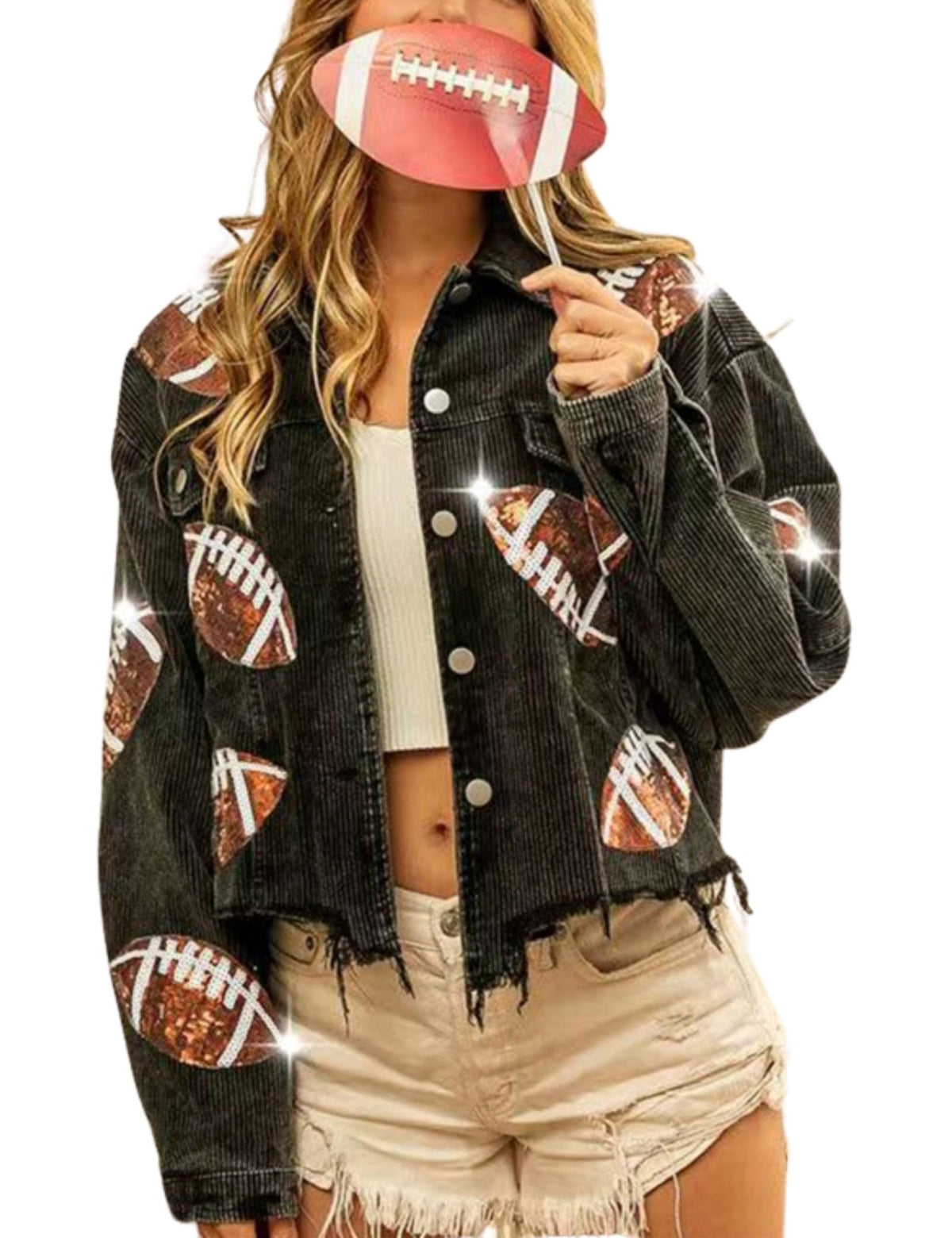 Black cropped corduroy jacket with football patches and frayed hem, button-up front