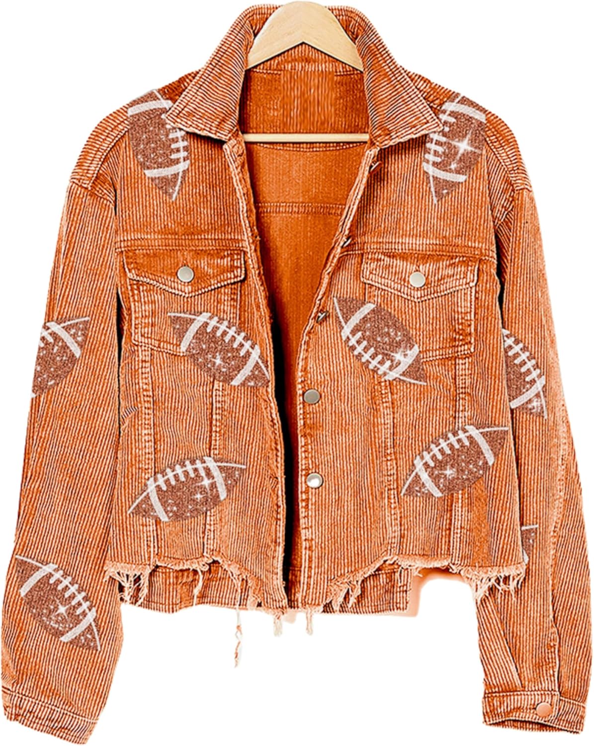Orange corduroy cropped jacket with frayed hem and football sequin patches, button front