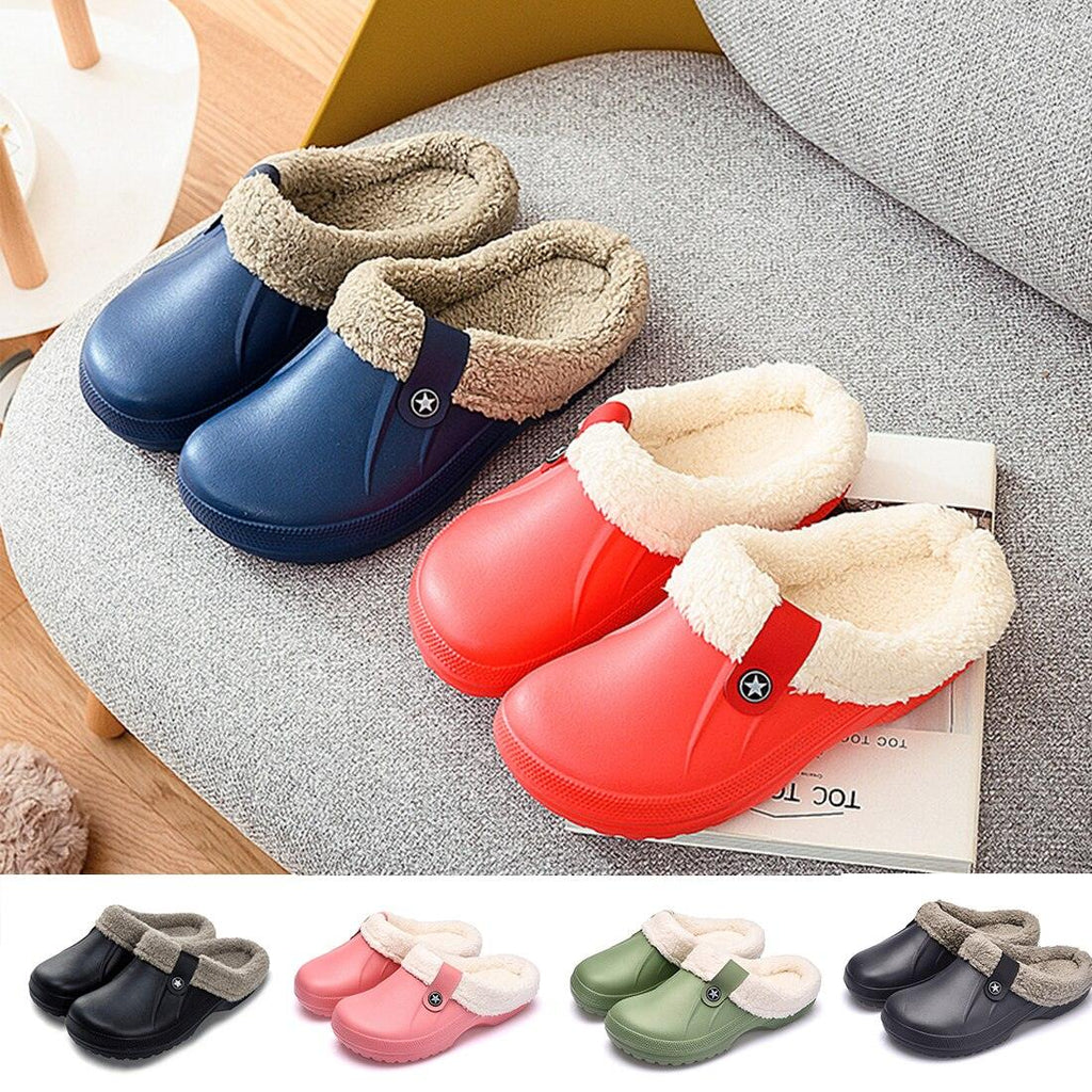 Set of blue and red fur-lined winter clogs with sherpa lining and star button detail