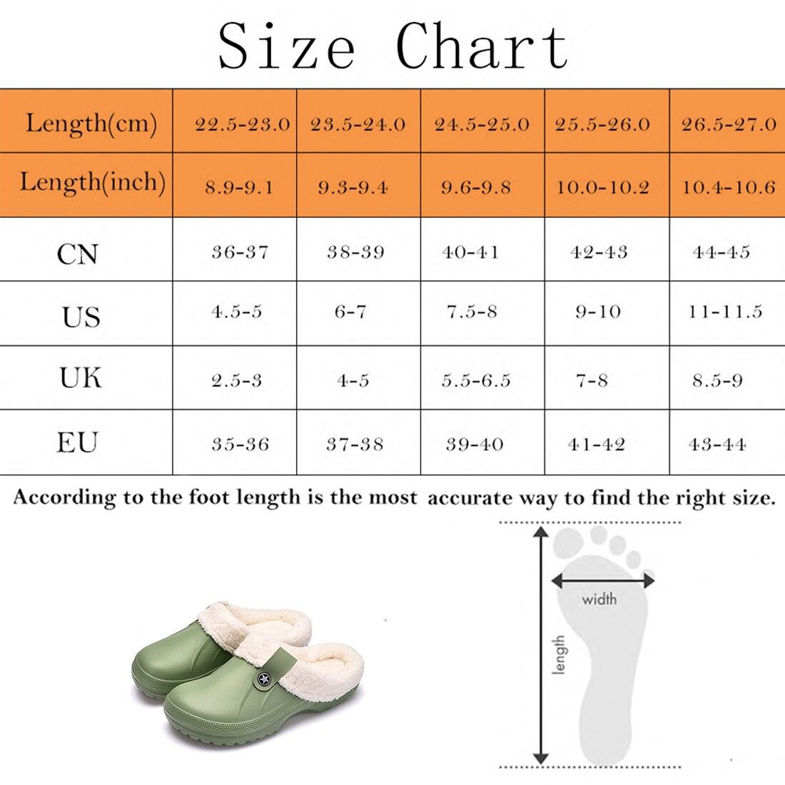 Size chart for unisex winter clogs with length and width guide