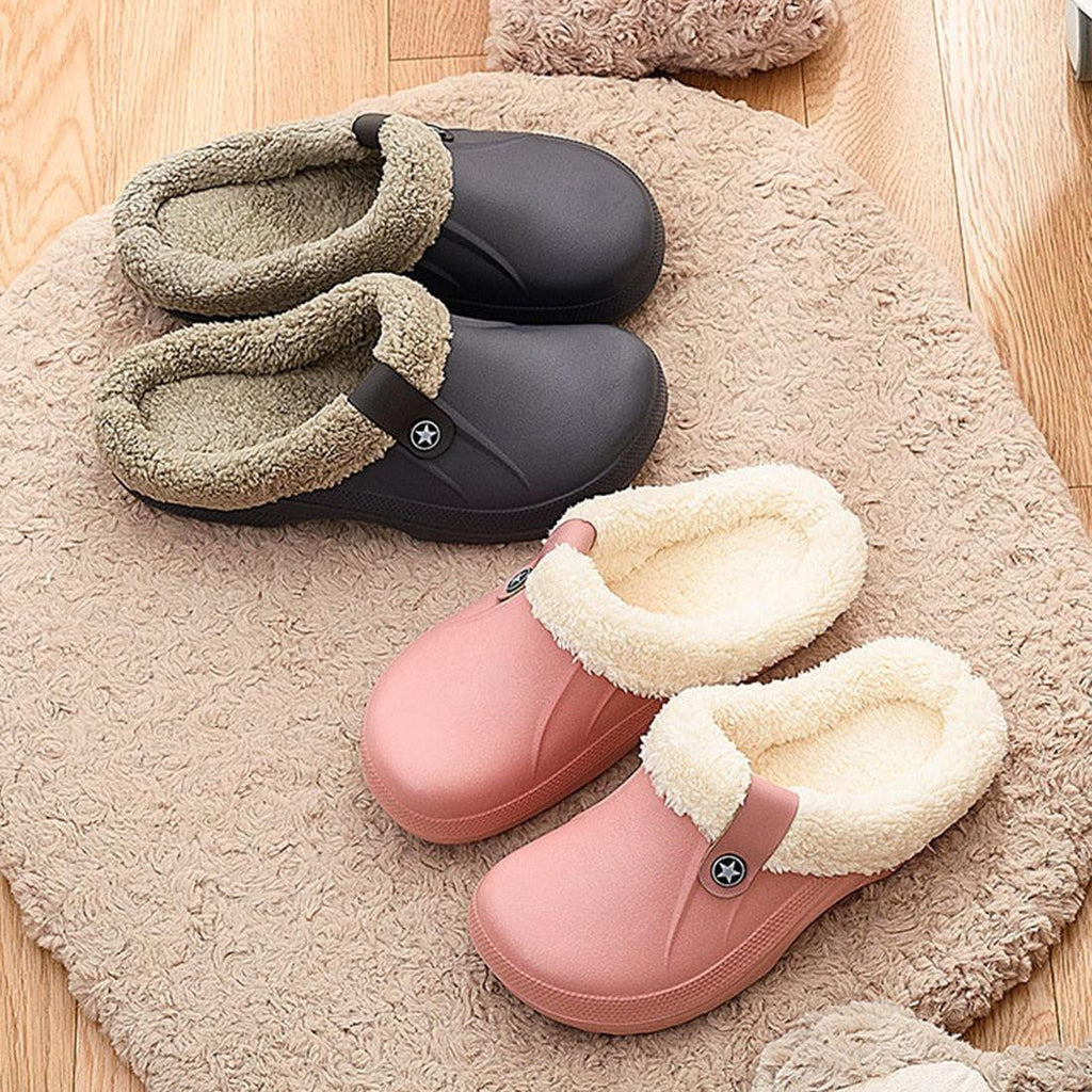 Set of unisex winter clogs in green, black, and pink with plush lining