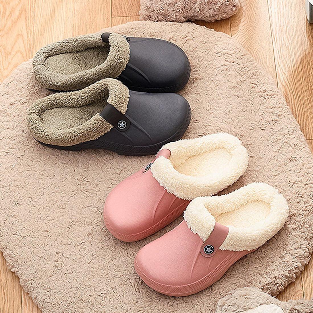 Set of unisex winter clogs in green, black, and pink with plush lining