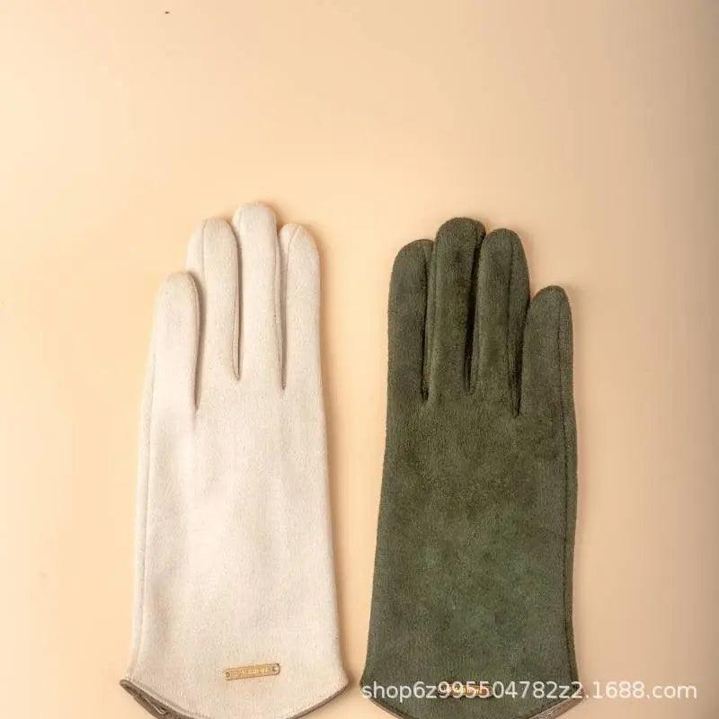Suede touchscreen gloves set: white pair and dark green pair, with metal tab on back.