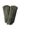 Suede touchscreen gloves in dark green, with metal tab on back and straight 5-finger cuffs.