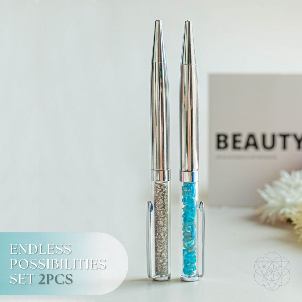 Manifestation pen set: two silver pens with blue and gray glitter inlay barrels