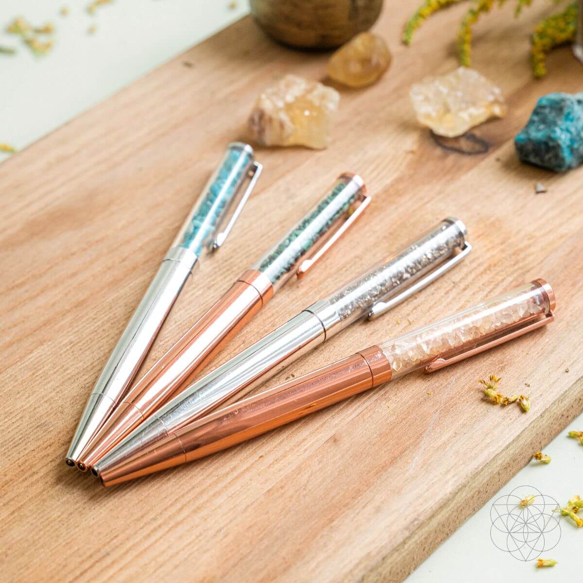 Manifestation pen set: six decorative metallic pens with copper and silver glitter inlays