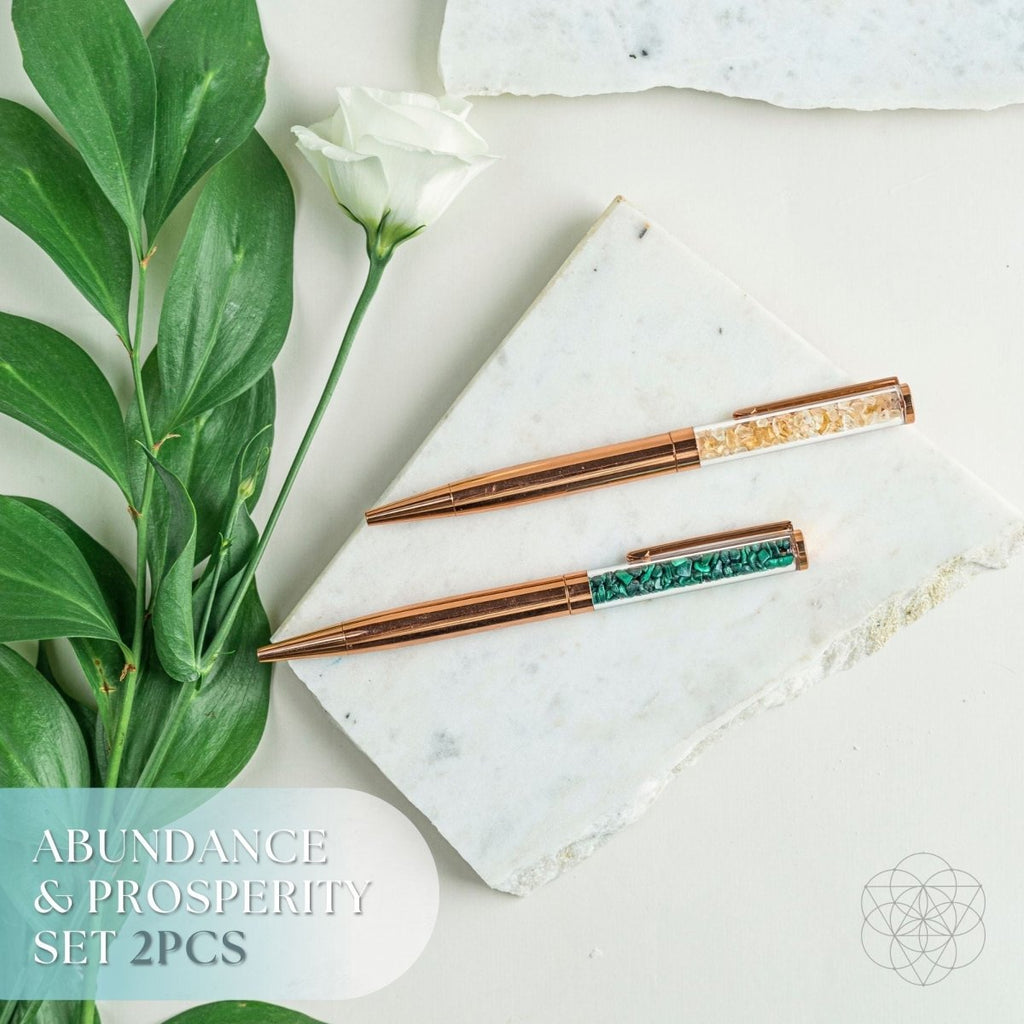 Manifestation pen set: two decorative pens with copper barrels and blue/green glitter inlays