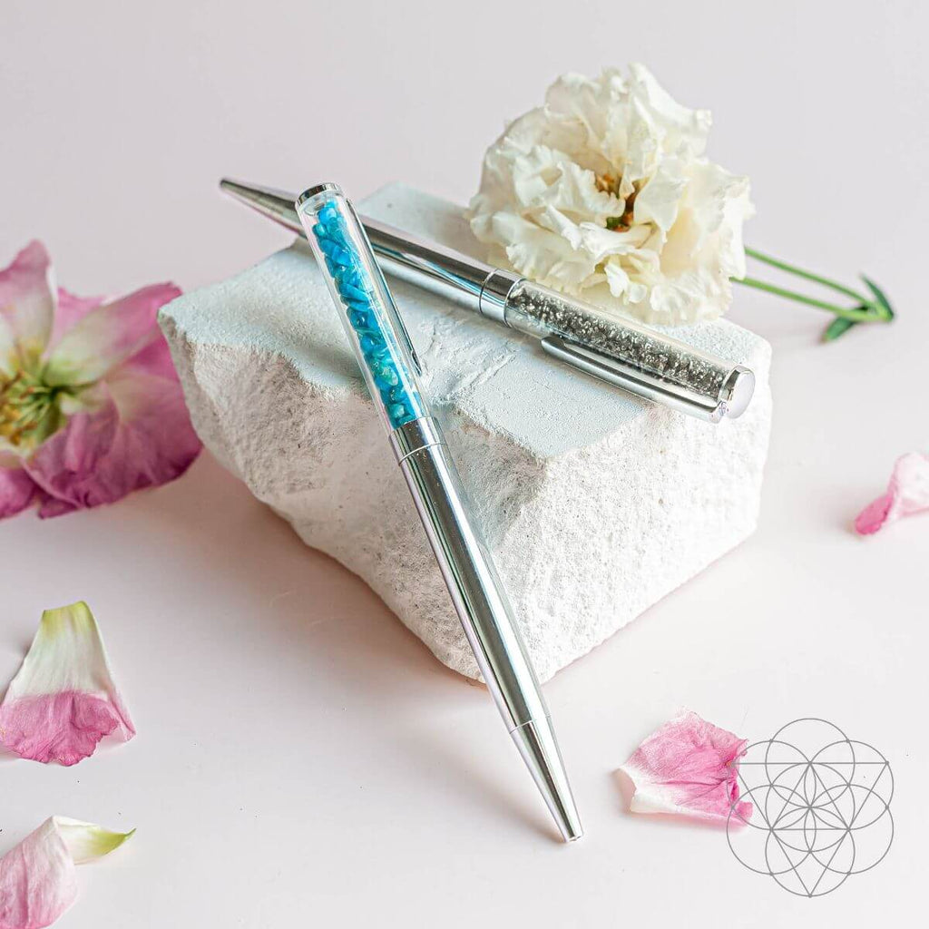 Manifestation pen set: two metallic pens with blue and silver glitter inlays