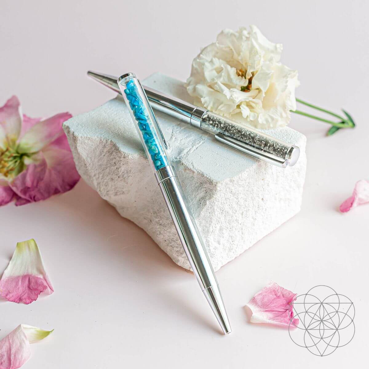 Manifestation pen set: two metallic pens with blue and silver glitter inlays