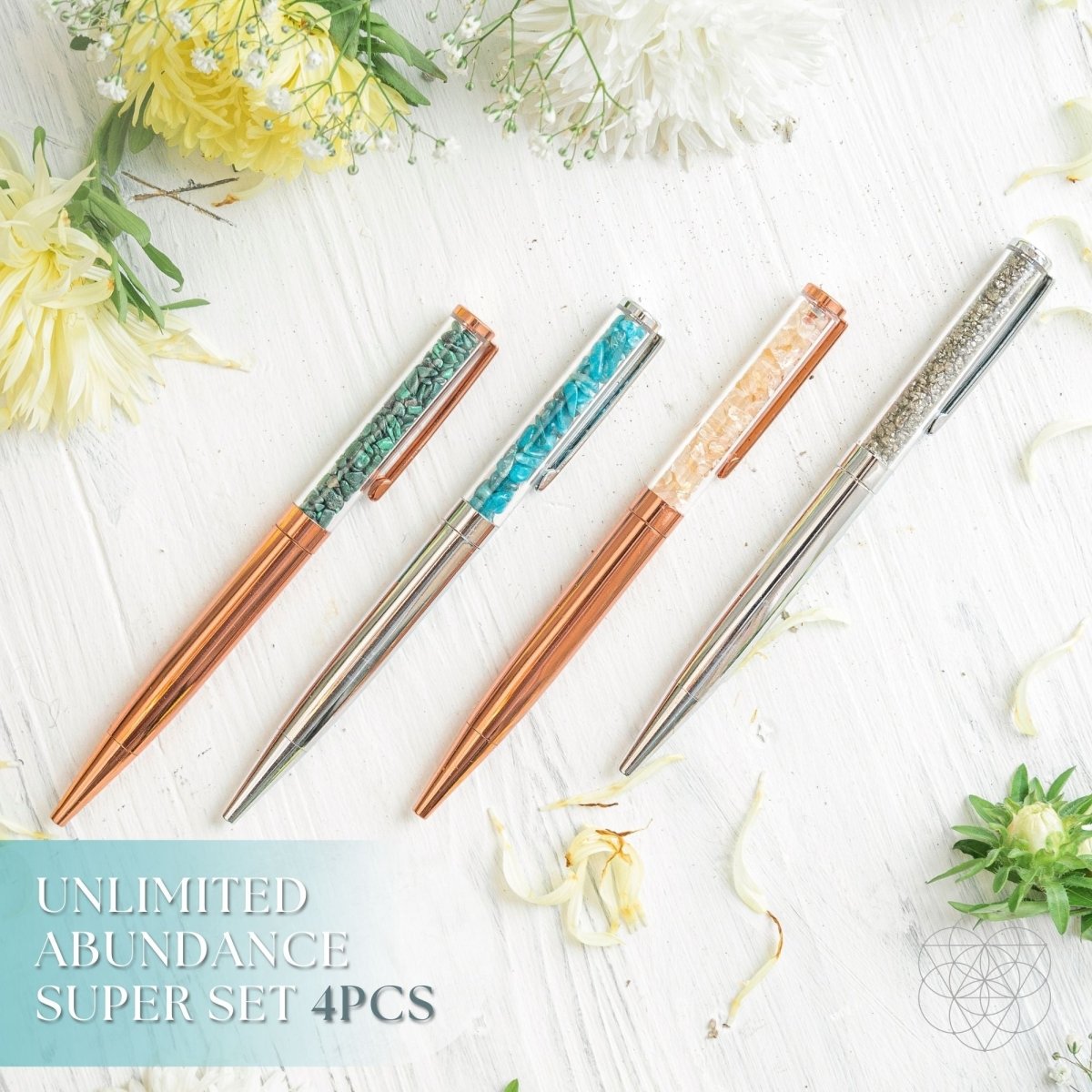 Manifestation pen set: four decorative pens with copper and silver bodies, blue and green glitter tips