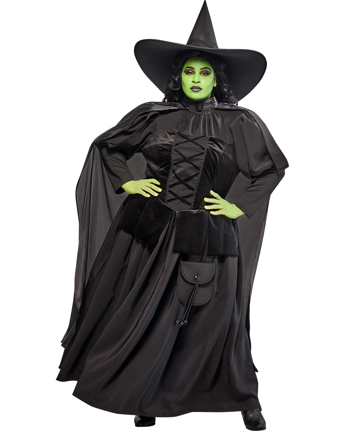 Plus-size witch costume dress with wide pointed black hat, cape, and ruffled bodice