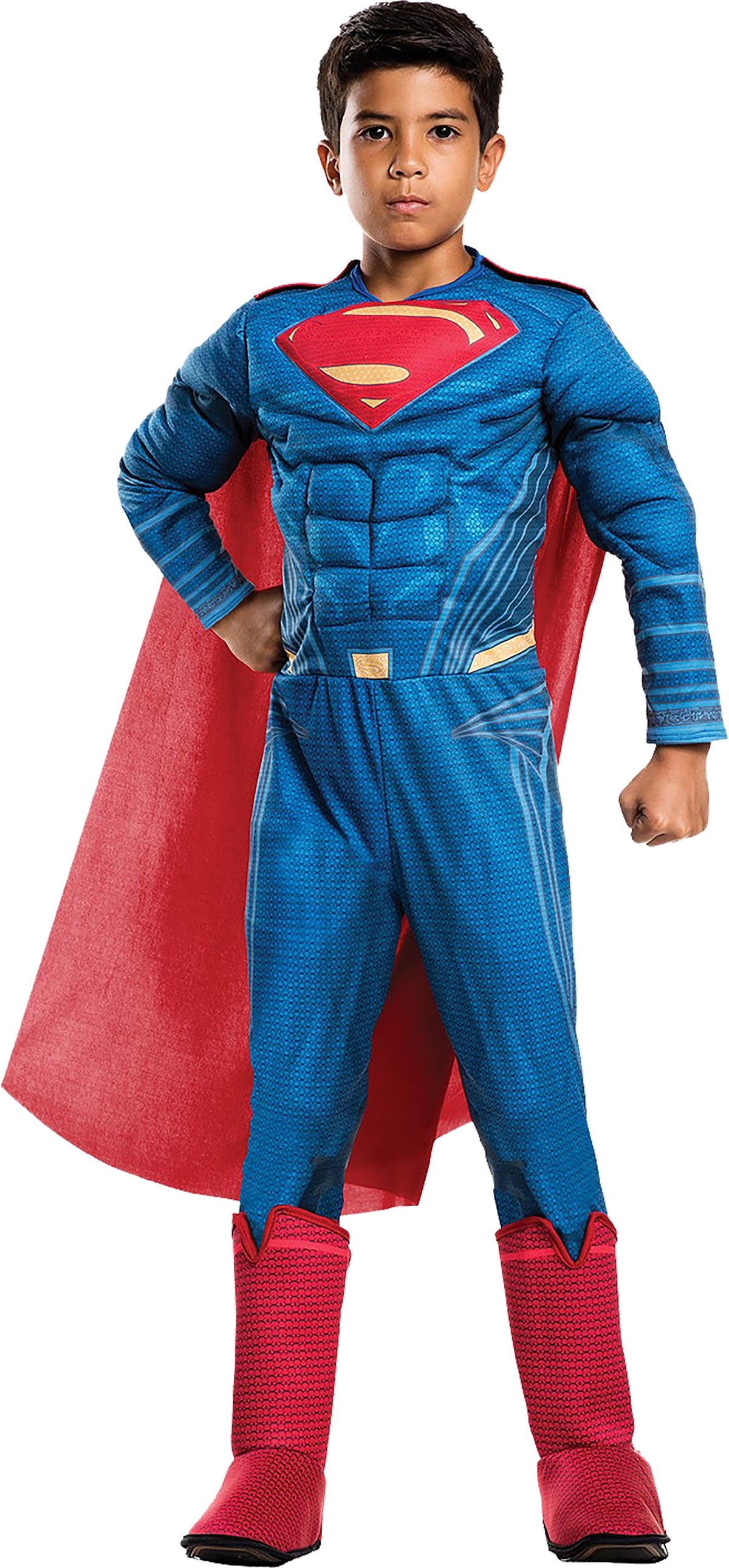 Boys Superman blue jumpsuit costume with red cape, belt, and red boot covers