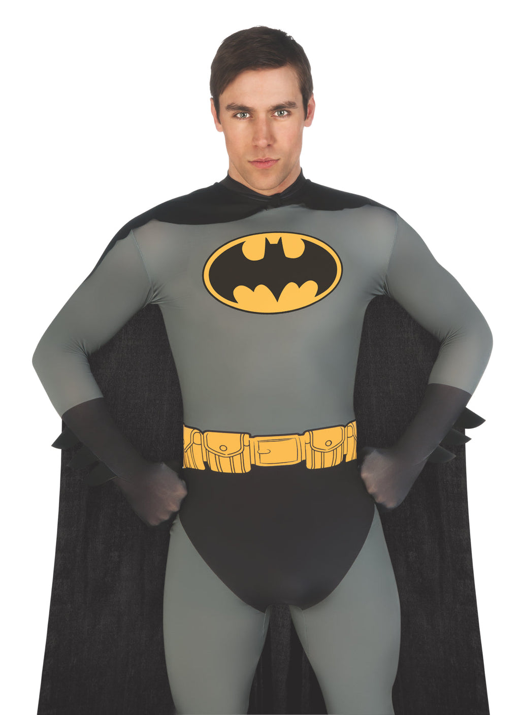 Batman-style bodysuit costume with black hooded cape and yellow belt emblem