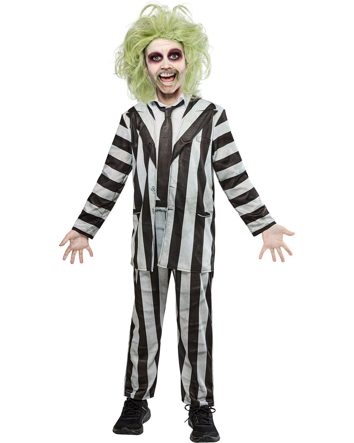 Kids striped black-and-white costume with green curly wig and face makeup