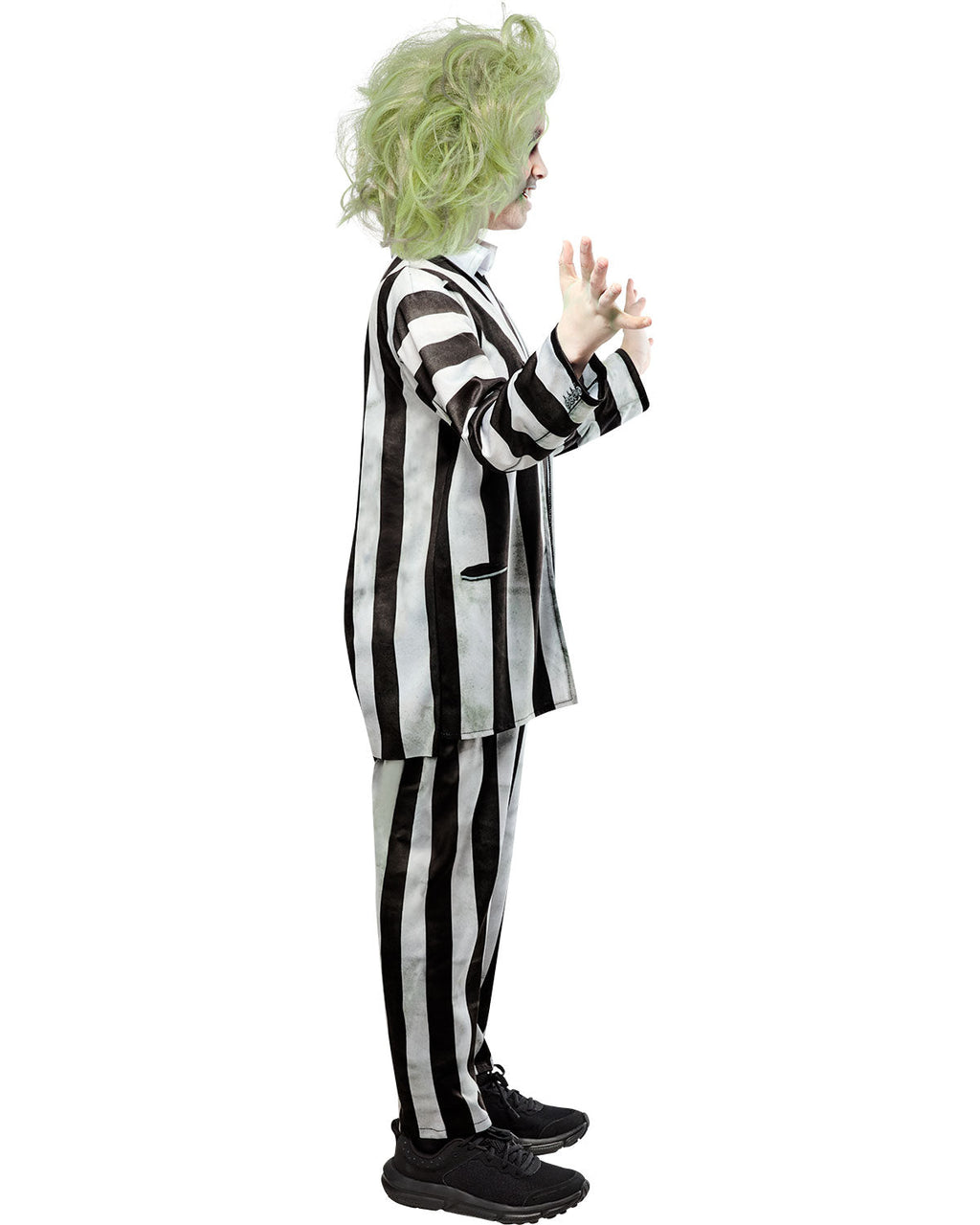 Kids striped black-and-white costume with green curly wig, side view