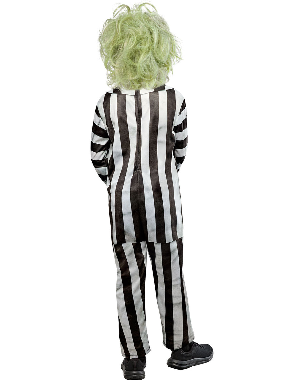 Kids striped black-and-white costume with green curly wig, back view