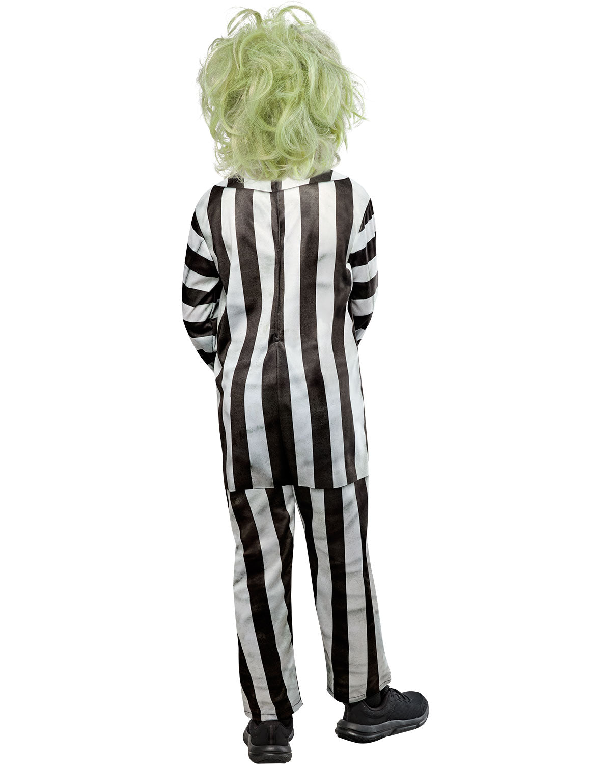 Kids striped black-and-white costume with green curly wig, back view