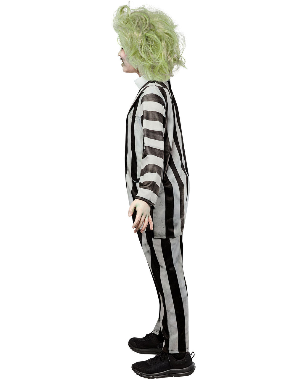 Kids striped black-and-white costume with green curly wig, profile view