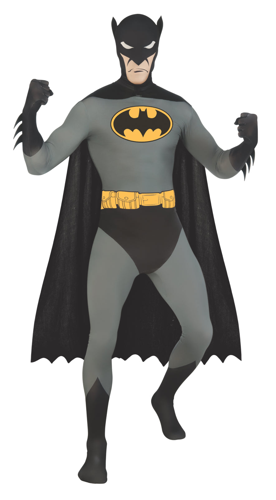 Batman-style bodysuit costume with black cape, yellow belt and chest emblem