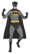 Batman-style bodysuit costume with black cape, yellow belt and chest emblem