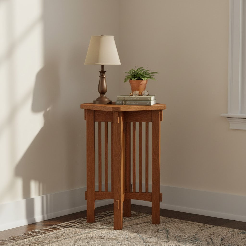 Dark wood spindle plant stand with compact square top and vertical slat sides