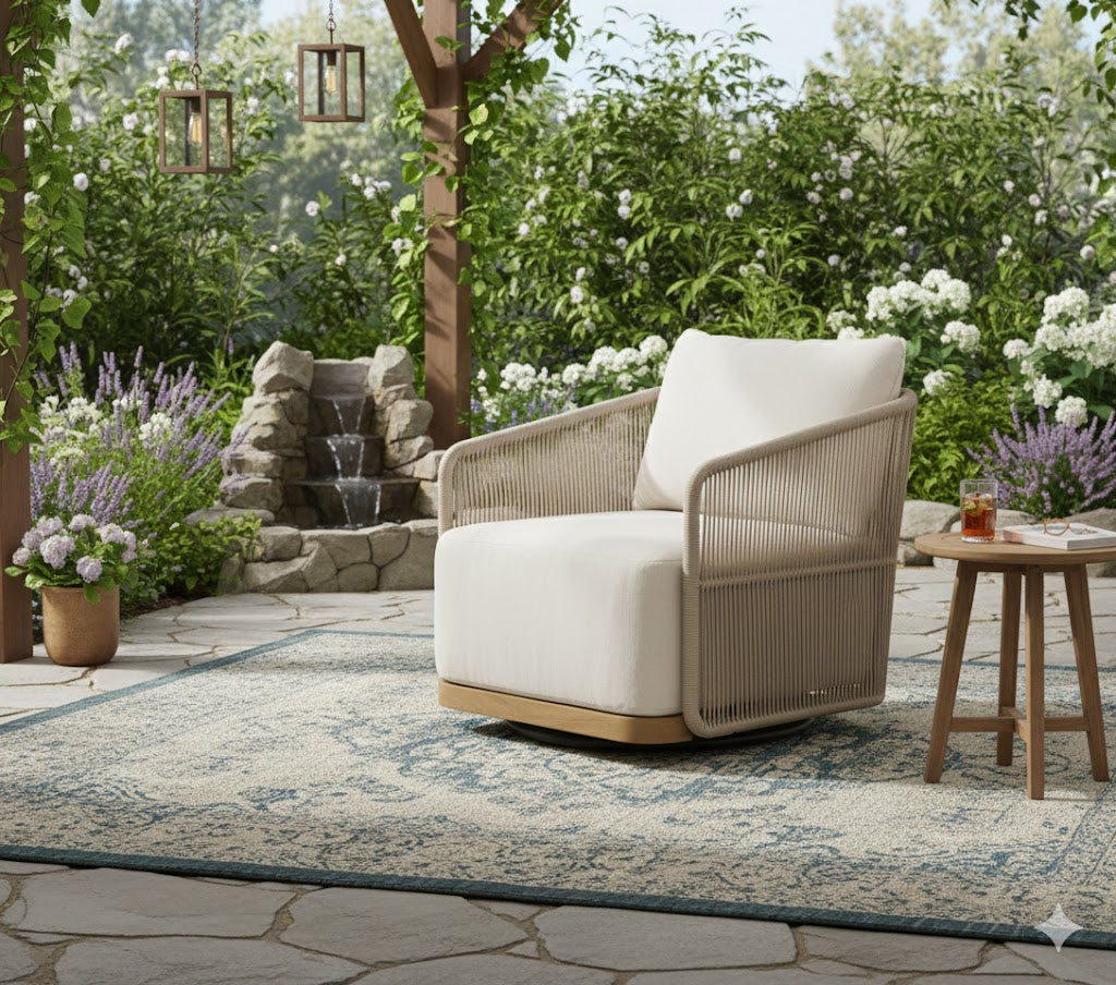 Outdoor swivel arm chair with cream seat cushion and light beige wicker wrap, teak base