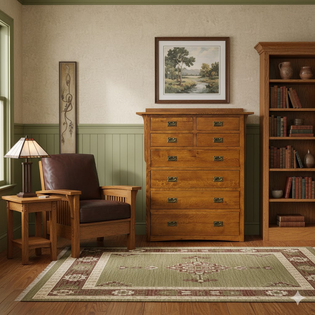 Wood 8-drawer dresser with brass-tone handles, front view