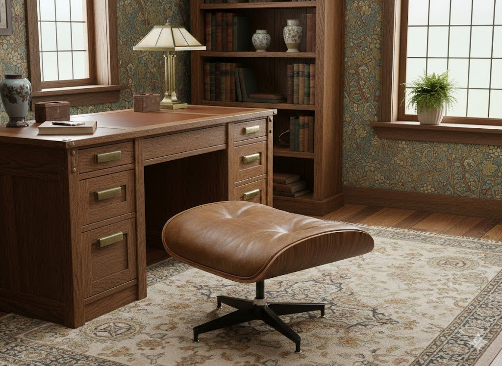 Brown leather lounge chair with ottoman, tufted back and footrest on dark swivel base
