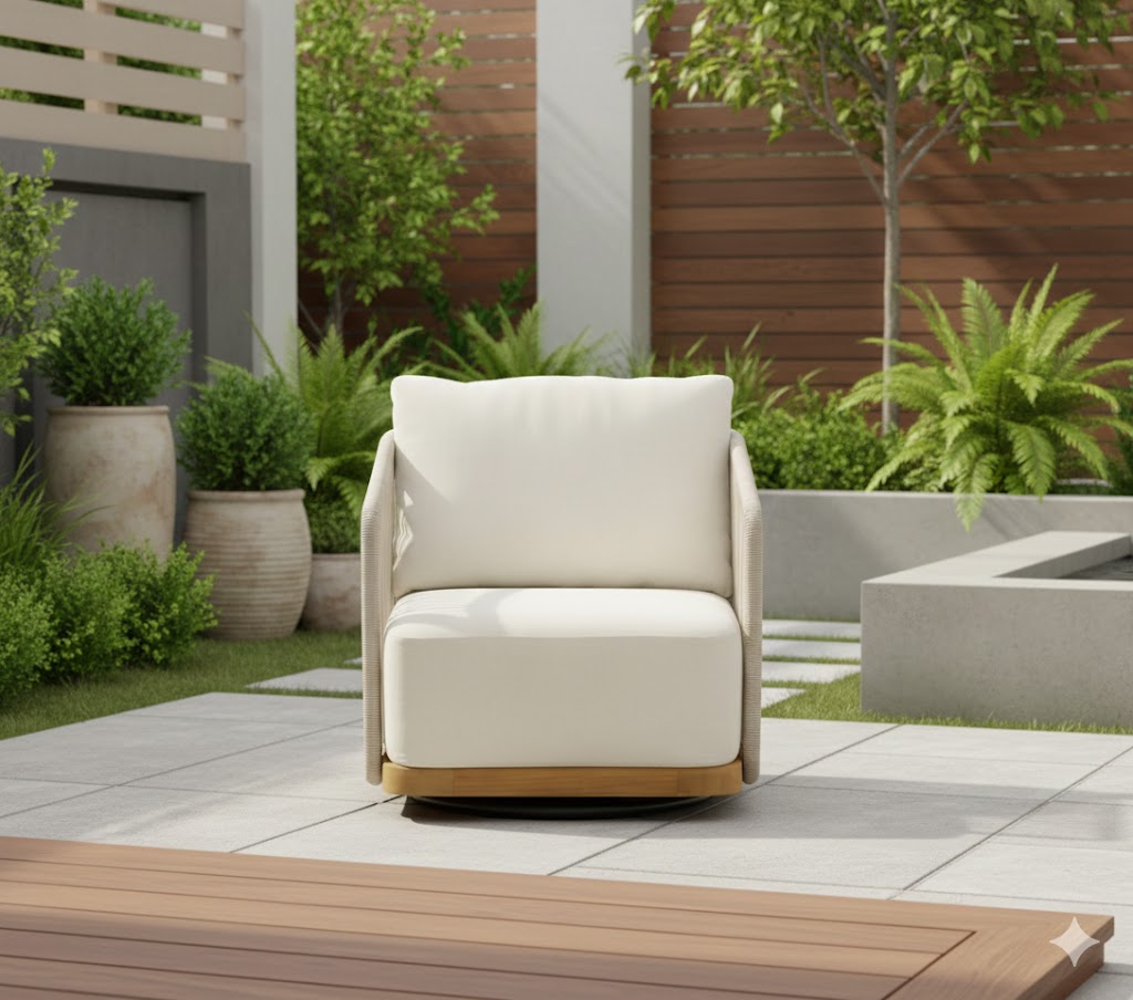 Outdoor swivel arm chair with cream cushion and light beige woven sides, teak base