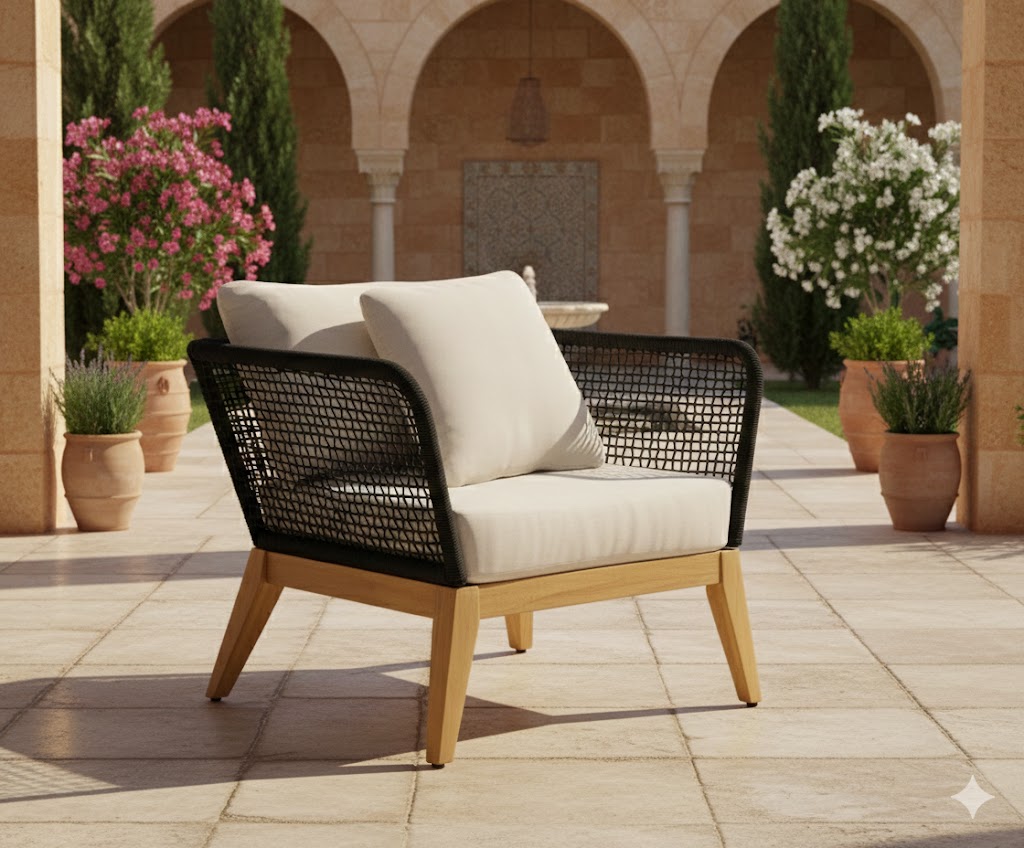 Outdoor arm chair with black woven rope back, white cushions, and teak wood legs