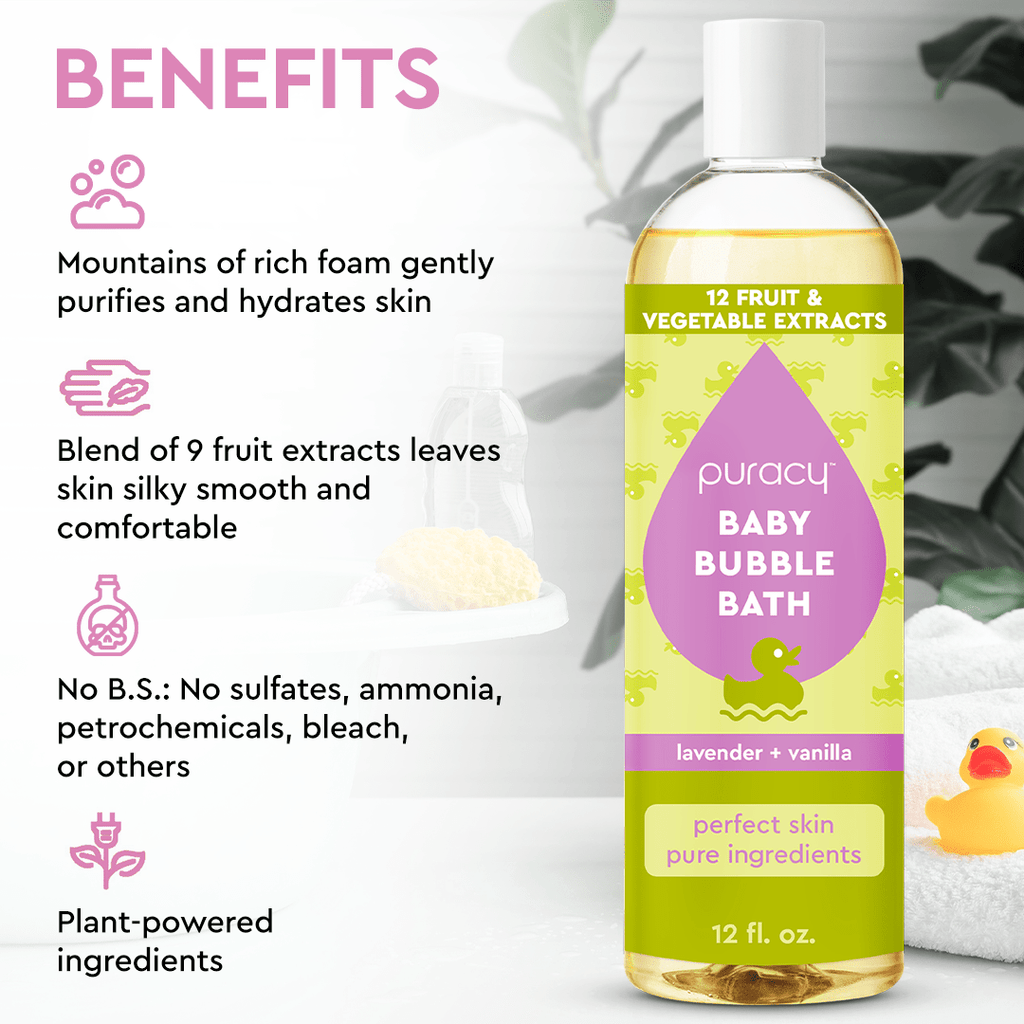 Baby bubble bath benefits card with bottle and icons for cleansing and hydration