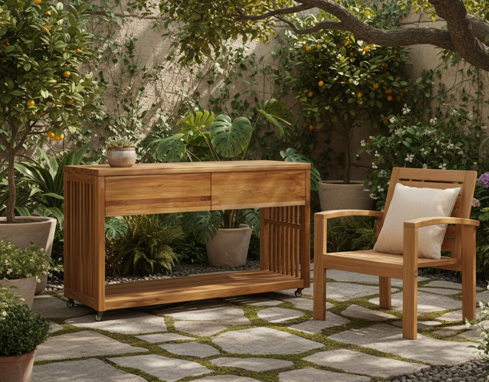 Outdoor teak kitchen island with drawer and open shelving, parked on casters