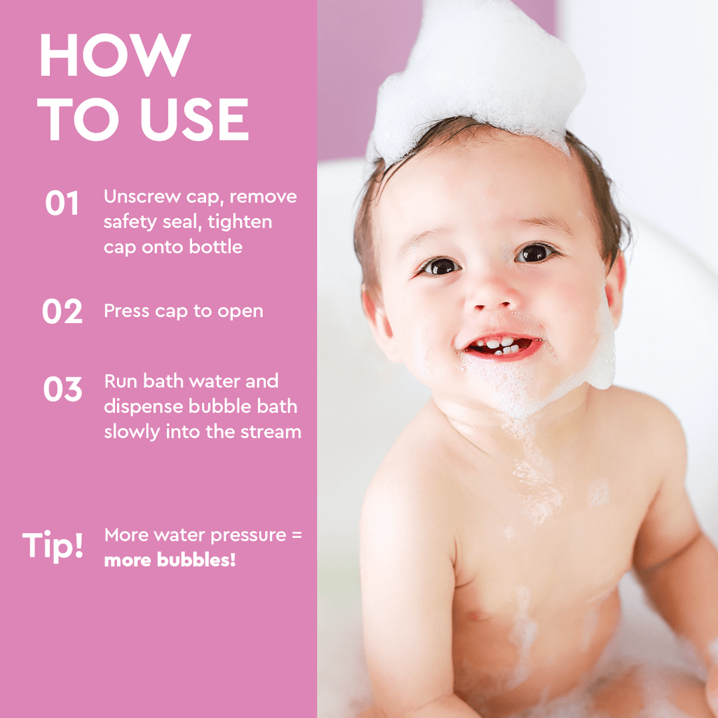 Baby bubble bath how-to card showing a child with bubbles during bath use