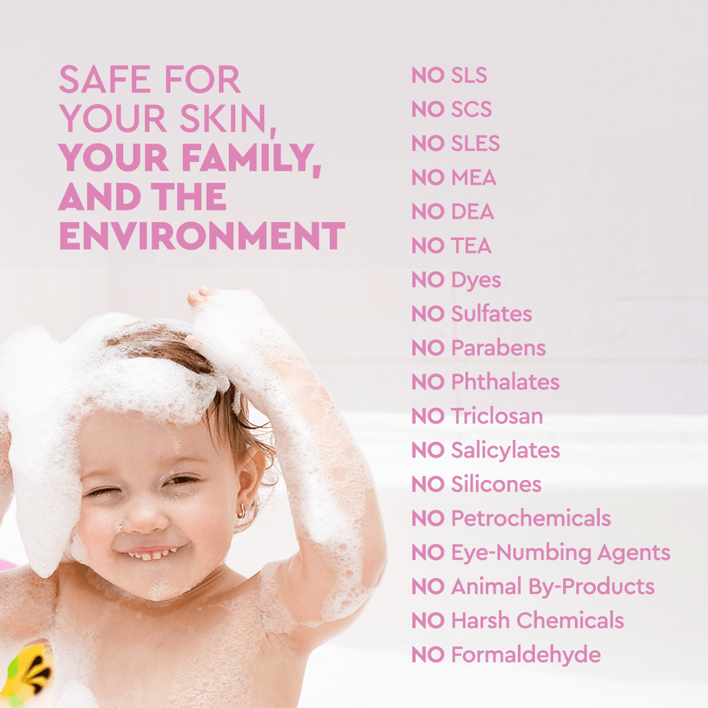 Baby bubble bath safety card with no SLS, no sulfates, and no parabens claims