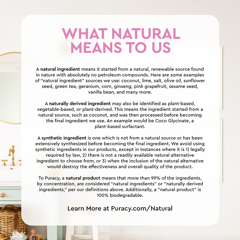 Baby bubble bath natural ingredients information card with text and ingredient claims
