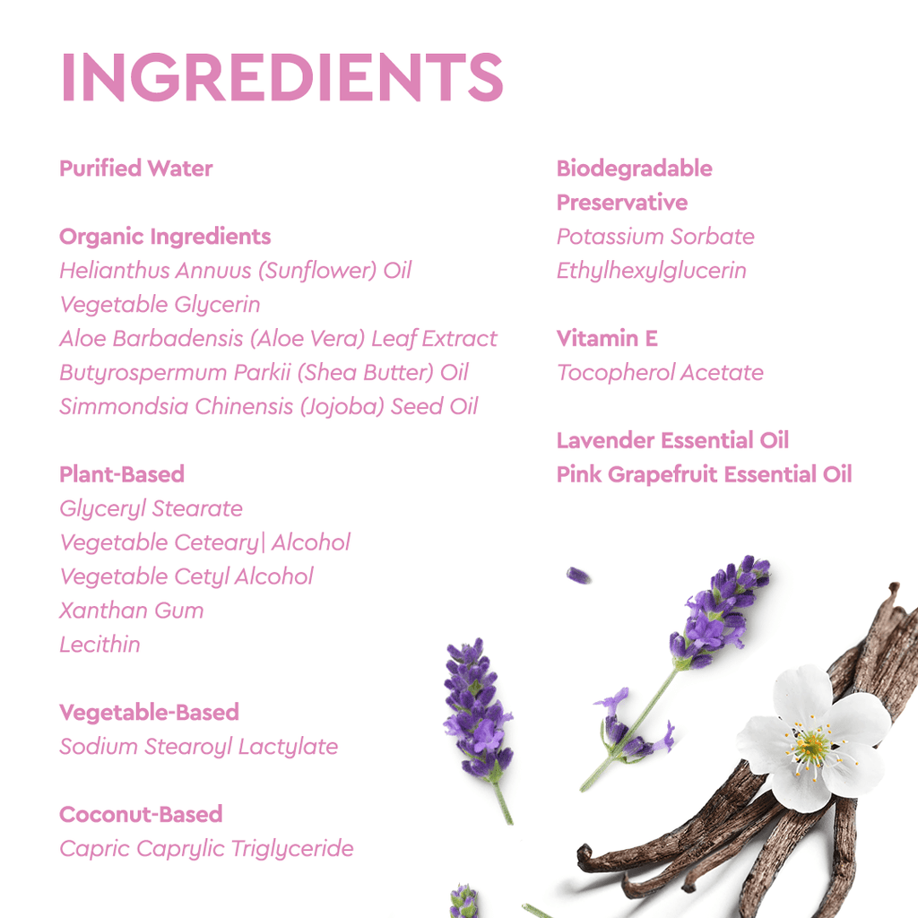Baby bubble bath ingredients card listing purified water, oils, and essential oils