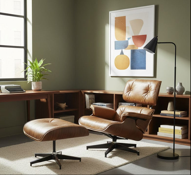 Tan top-grain leather lounge chair with matching ottoman, swivel base and curved arms