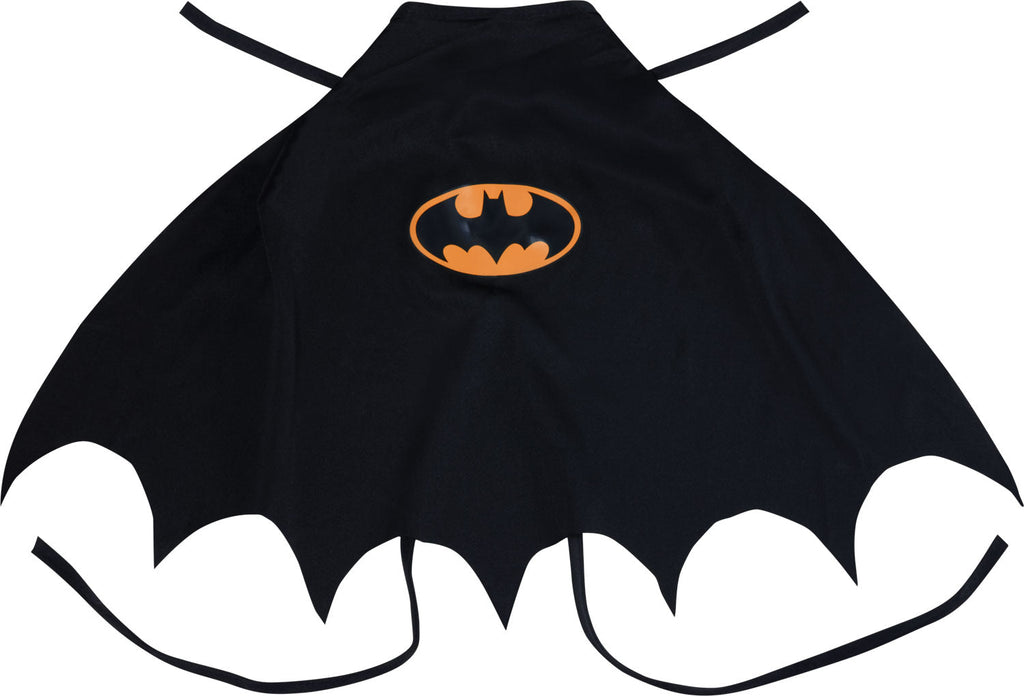 Black bat cape with orange bat emblem at chest and flared cape hem.