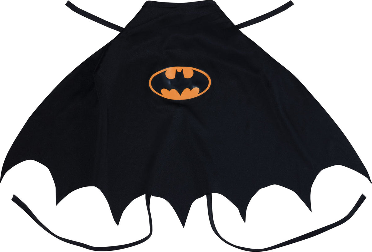 Black bat cape with orange bat emblem at chest and flared cape hem.