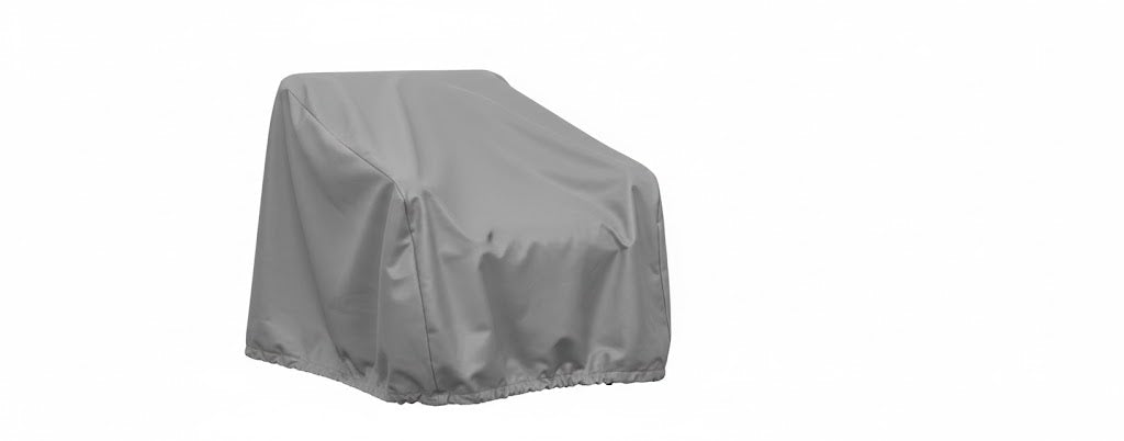Outdoor arm chair cover, gray fabric with draped top and elastic hem
