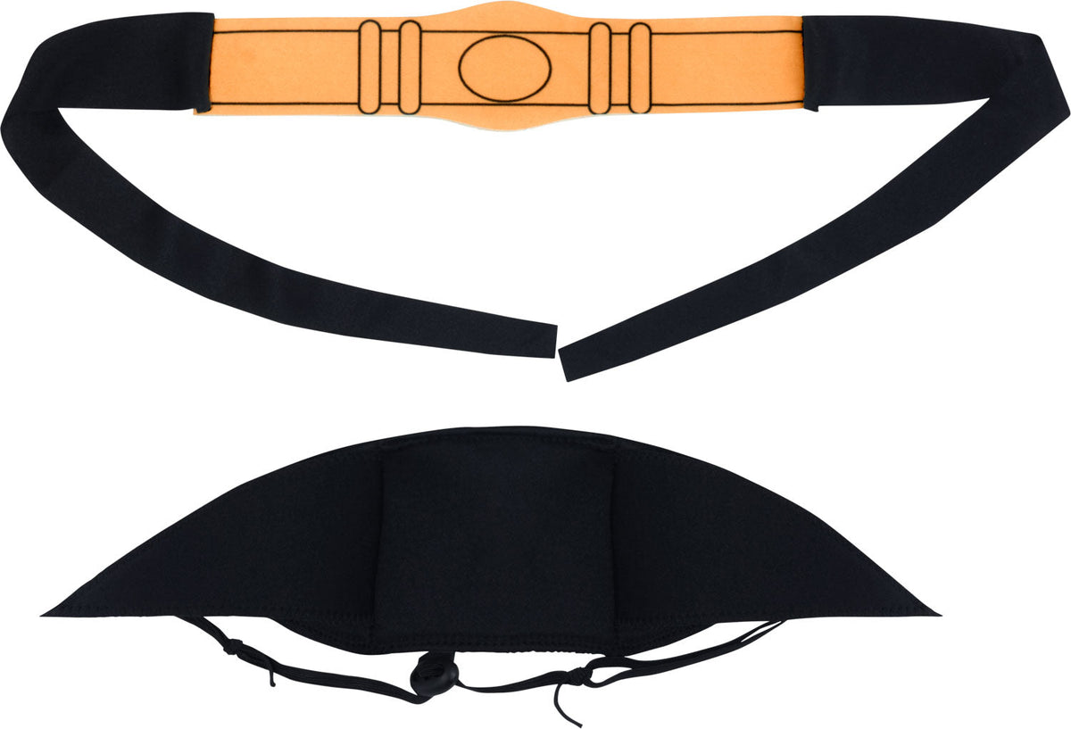 Pet costume cape and bat belt set: black fabric with tan belt and buckle.