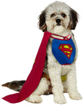 Pet superhero costume with red cape, blue chest suit, and yellow Superman-style emblem