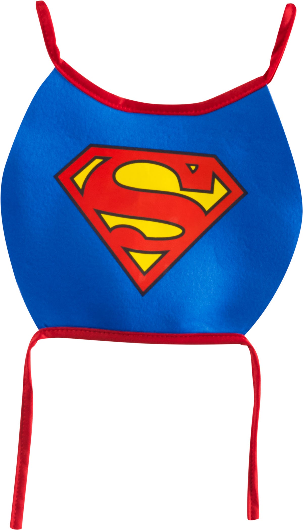 Blue pet harness-style top with red trim and yellow Superman-style emblem
