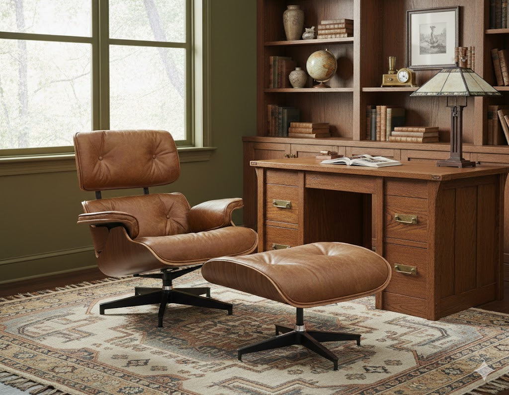 Cognac leather lounge chair and ottoman with padded headrest and dark swivel supports