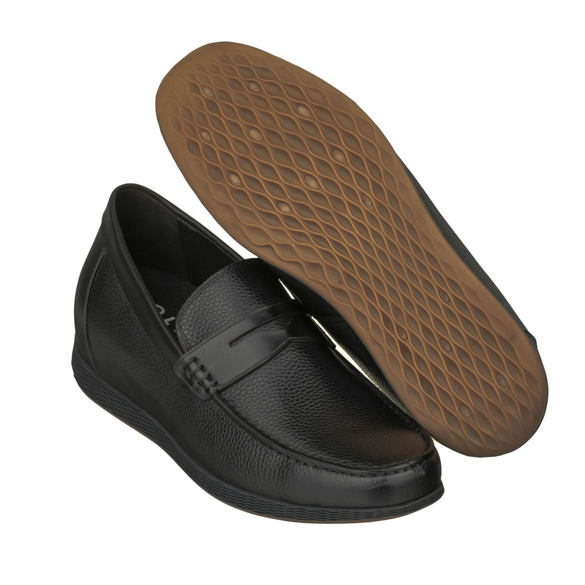 Black penny loafer elevator shoe with tan outsole visible and textured upper