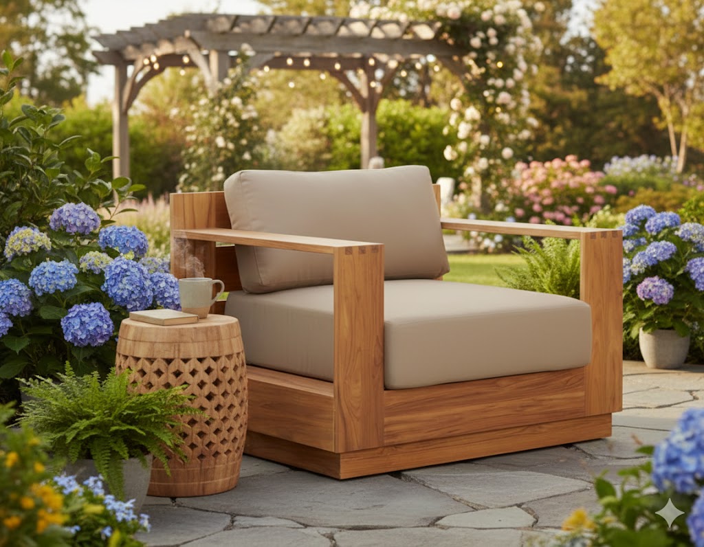 Teak wood outdoor armchair with beige cushions and open frame sides, shown on patio.