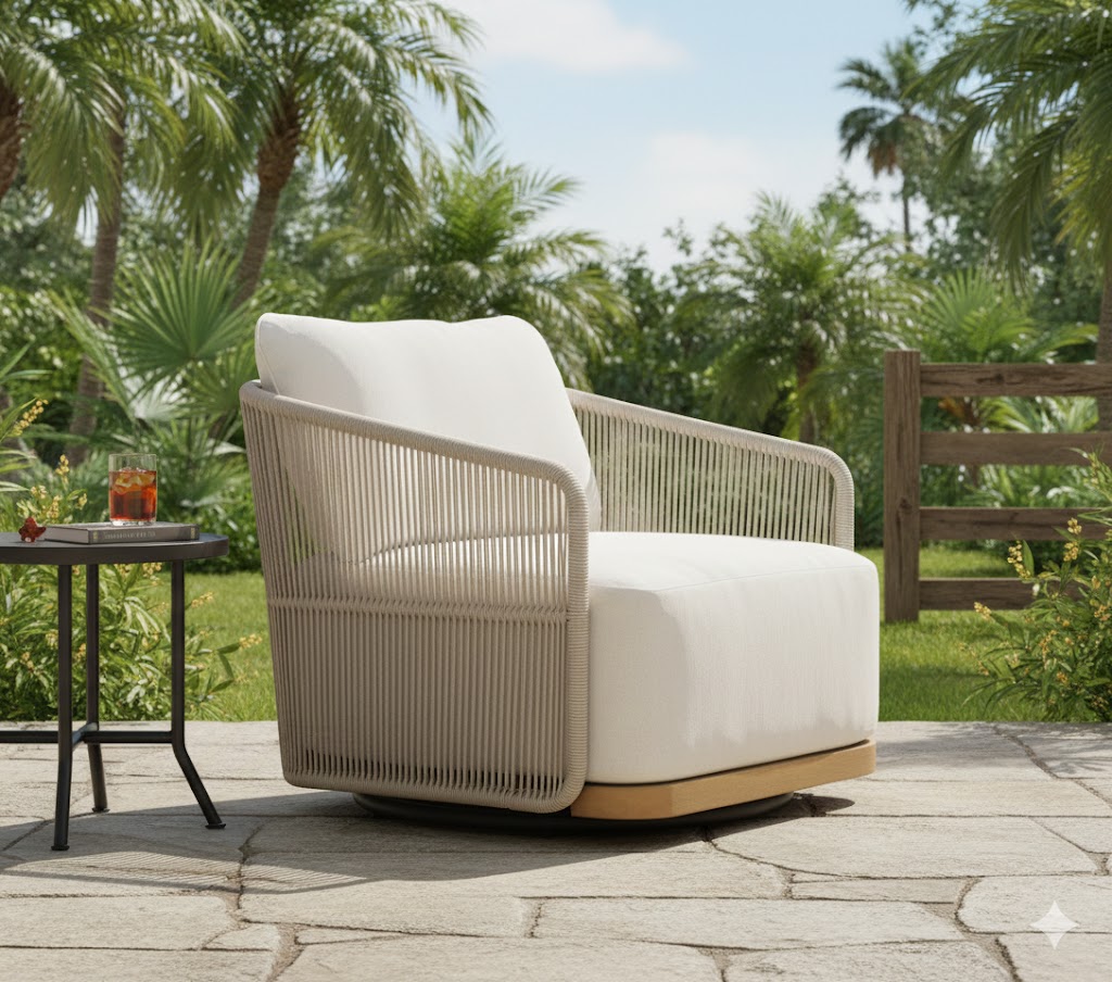 Outdoor swivel arm chair with beige cushion and light beige wicker back, teak base