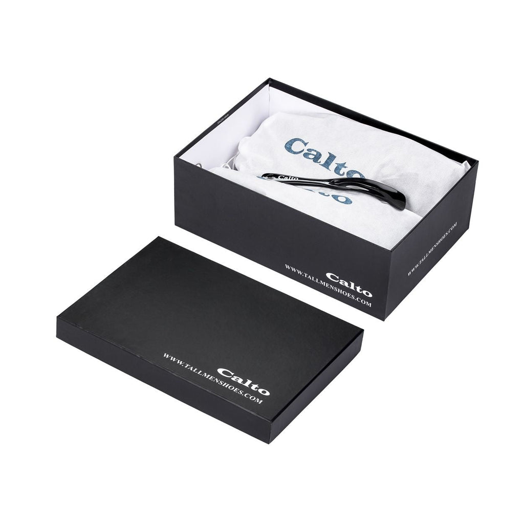 CALTO boot boxes with black zipper ankle boots inside