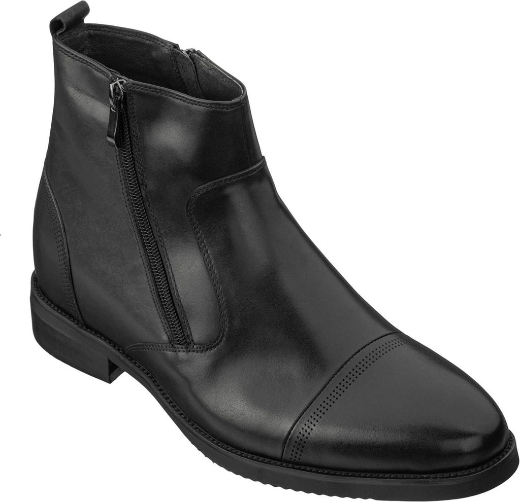 Black leather-look zipper ankle boots with cushioned collar and block heel