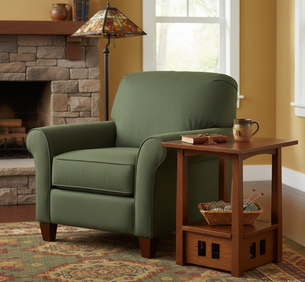 Wood taboret end table with square top, lower shelf, and cutout side panels.